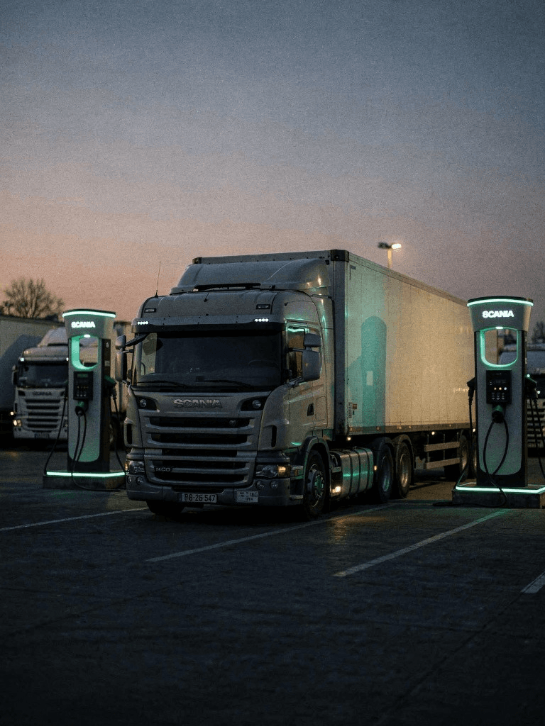 Electric truck charging at a depot at dusk using Faraday GridShield infrastructure